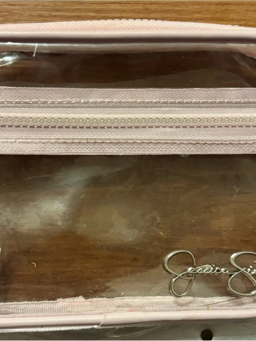 Jessica Simpson Pink Clear Cosmetic Pouch Metal Brand Logo Like New Condition